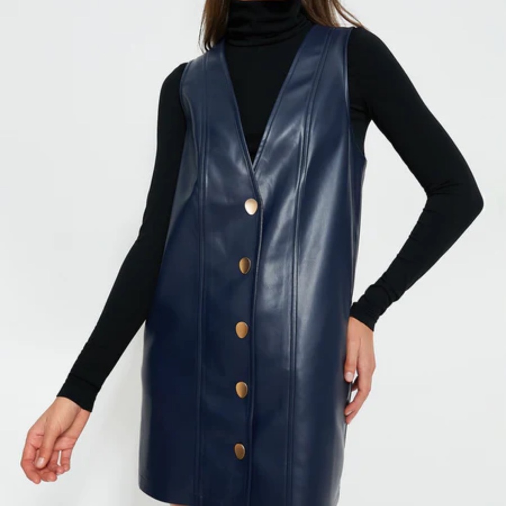 Blue and Gold Faux Leather Vest with V-Neckline